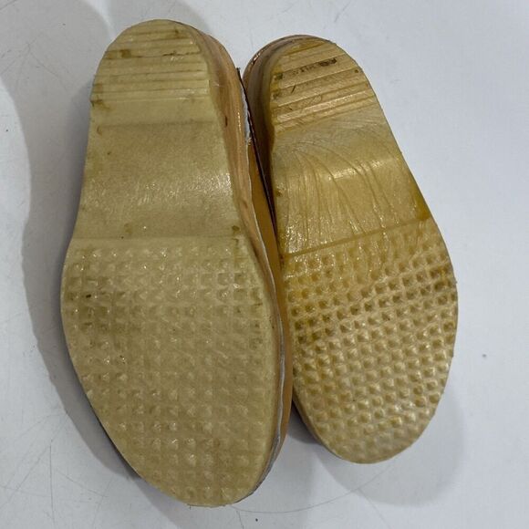 Vintage Girls Swedish Bastad-Toffeln Wood & Tan Leather Clogs Size 24 Us 8 - Picture 9 of 11